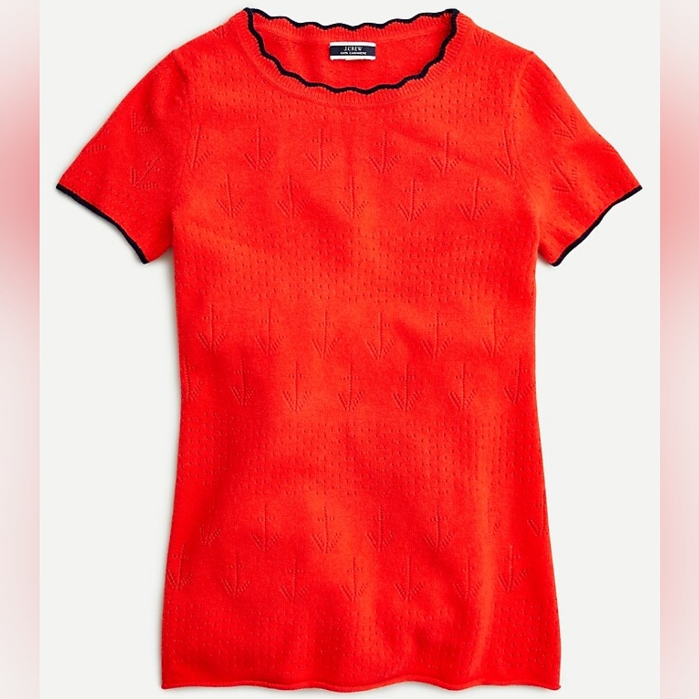J Crew Cashmere Top L‎ Short Sleeve cas Pointelle Stitch Sweet Persimmon